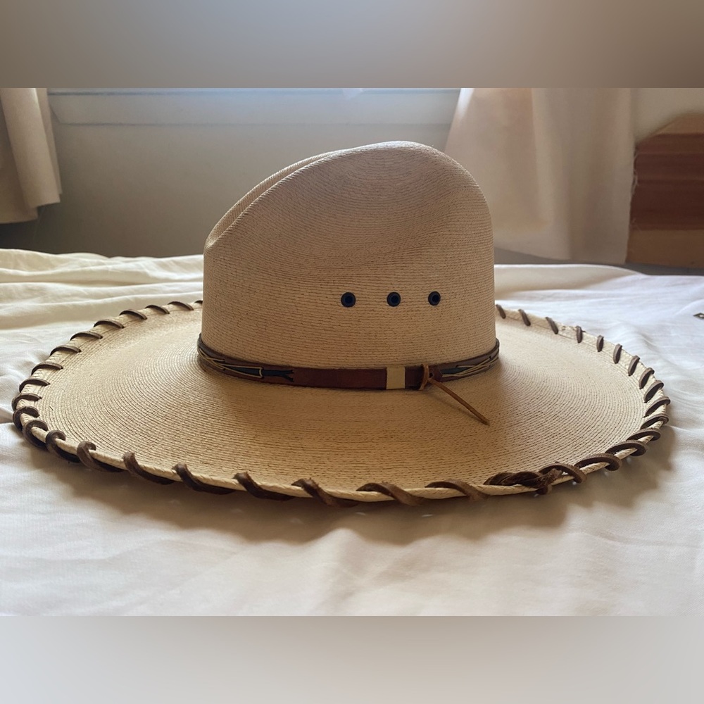 Vintage Cowboy Hat Cream Palm Leaf Wide Brim Hat Brown Leather Trim Like New